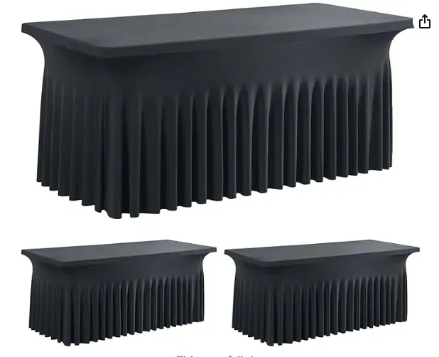 Black spandex table skirt linen with ruffled drape for rectangular banquet tables