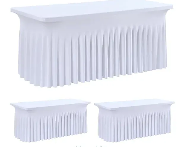 White spandex table skirt linen with ruffled drape for rectangular banquet tables