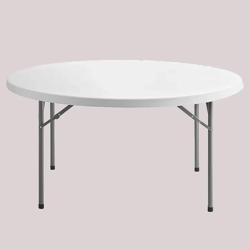 Round white folding banquet table with silver metal legs