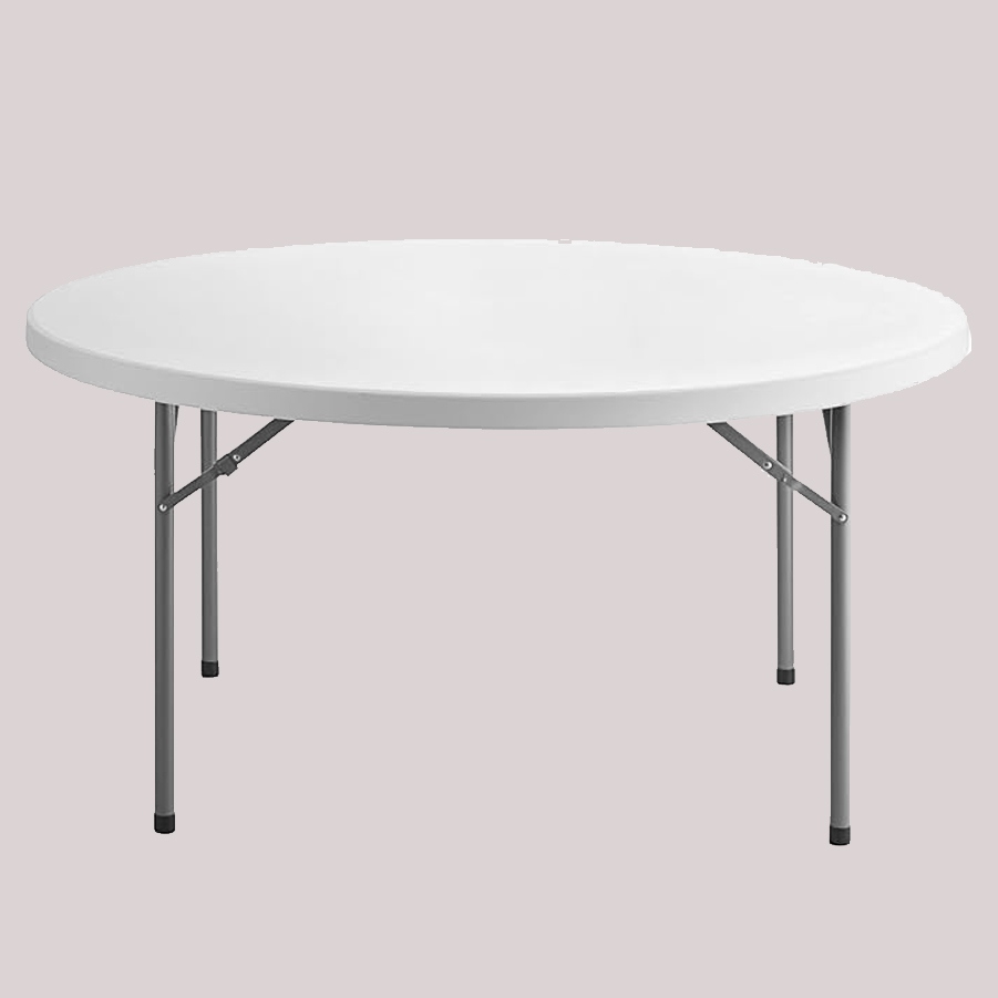 Round white folding banquet table with silver metal legs