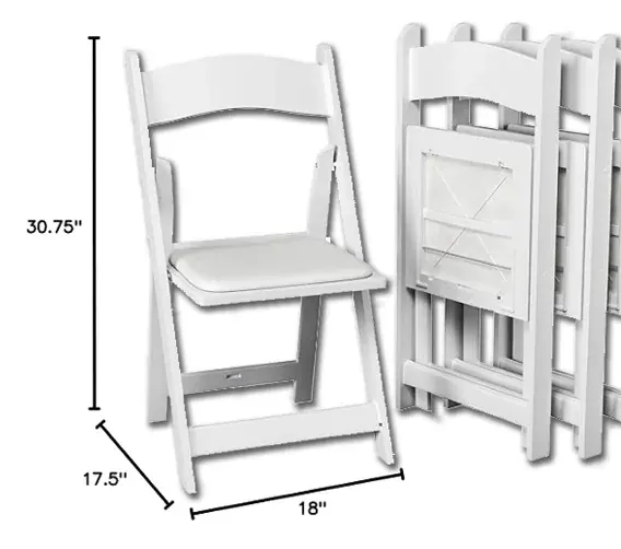 White folding chair with padded seat — 30.75" tall, 18" wide, 17.5" deep, shown stacked and folded