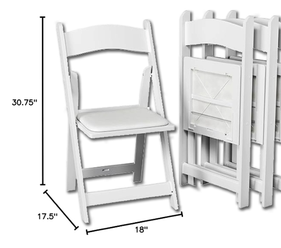 White folding chair with padded seat — 30.75" tall, 18" wide, 17.5" deep, shown stacked and folded