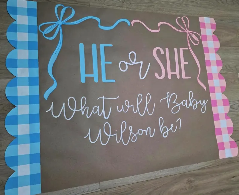 Hand-painted kraft banner: He or She, what will Baby Wilson be