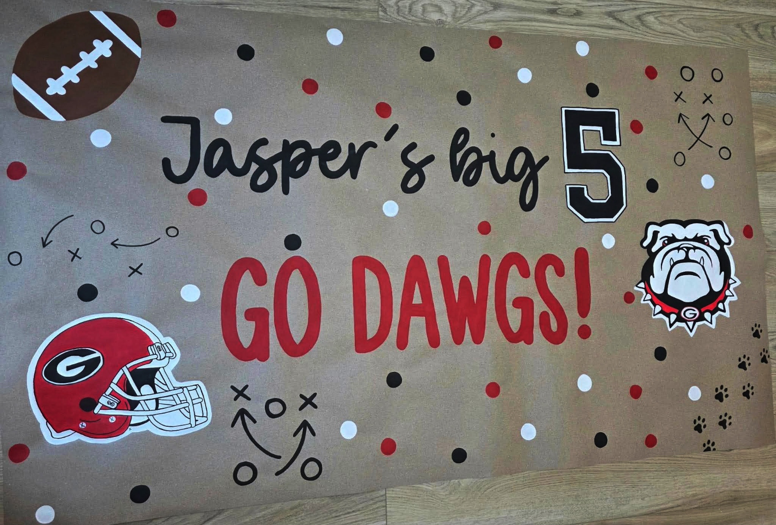 Hand-painted kraft banner: Jasper’s big 5, Go Dawgs with Georgia helmet and bulldog