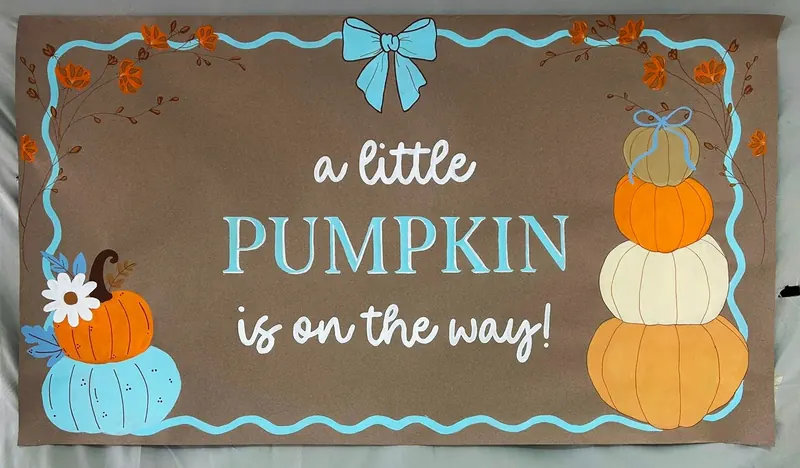 Hand-painted kraft banner: A little Pumpkin is on the way with pumpkin stack and bows