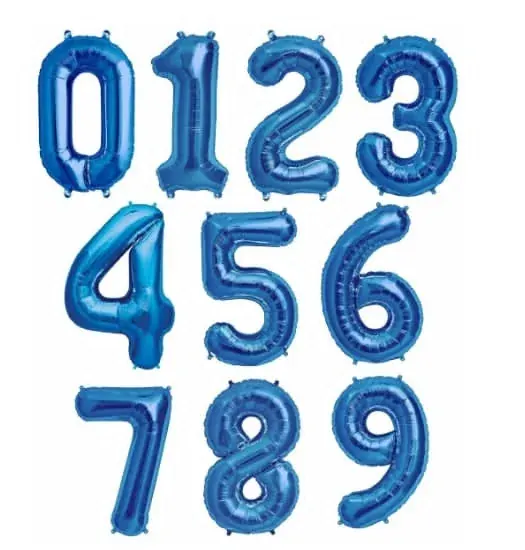 Blue foil number balloons zero through nine for milestone birthdays, graduations, and anniversaries
