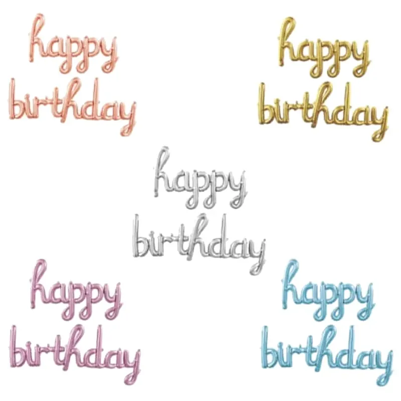 Happy Birthday script foil balloon banners in rose gold, gold, silver, pink, and blue