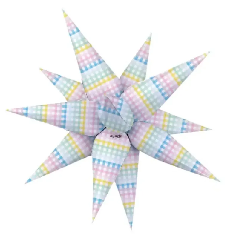 Pastel gingham starburst foil balloon in pink, blue, yellow, and green check pattern