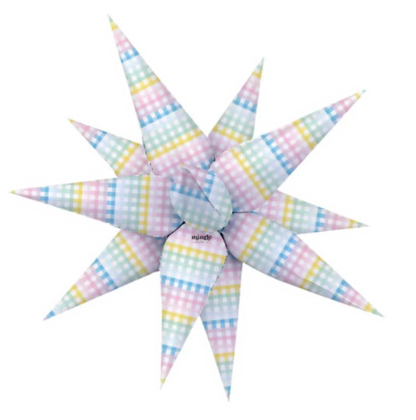 Pastel gingham starburst foil balloon in pink, blue, yellow, and green check pattern