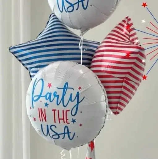 Patriotic mylar bouquet with Party in the USA round foil and red and blue striped star balloons